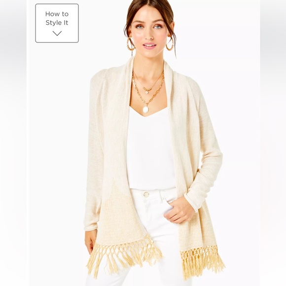 NWT Lilly Pulitzer Tatum Long Fringe Hem Cardigan in Gold Metallic Size Medium - Picture 3 of 11